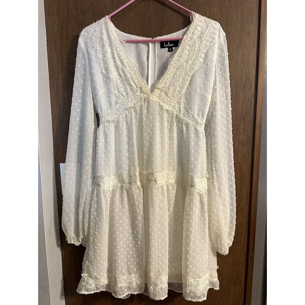Lulus Wistful Moment off white Long sleeve Lace Dot Dress Wedding Bachelorette S